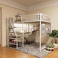 LUMISOL Metal Loft Bed Full Size, Heavy Duty Metal Loft Bed Frame with Staircase, Built-in Charging Station and LED Lighting for Bedroom, Dormitory, Small Space, White
