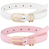 AWAYTR Kids Leather Belts for Girls - 2 Pack Toddler Girls Skinny Leather Belts for Jeans with Gold Buckle