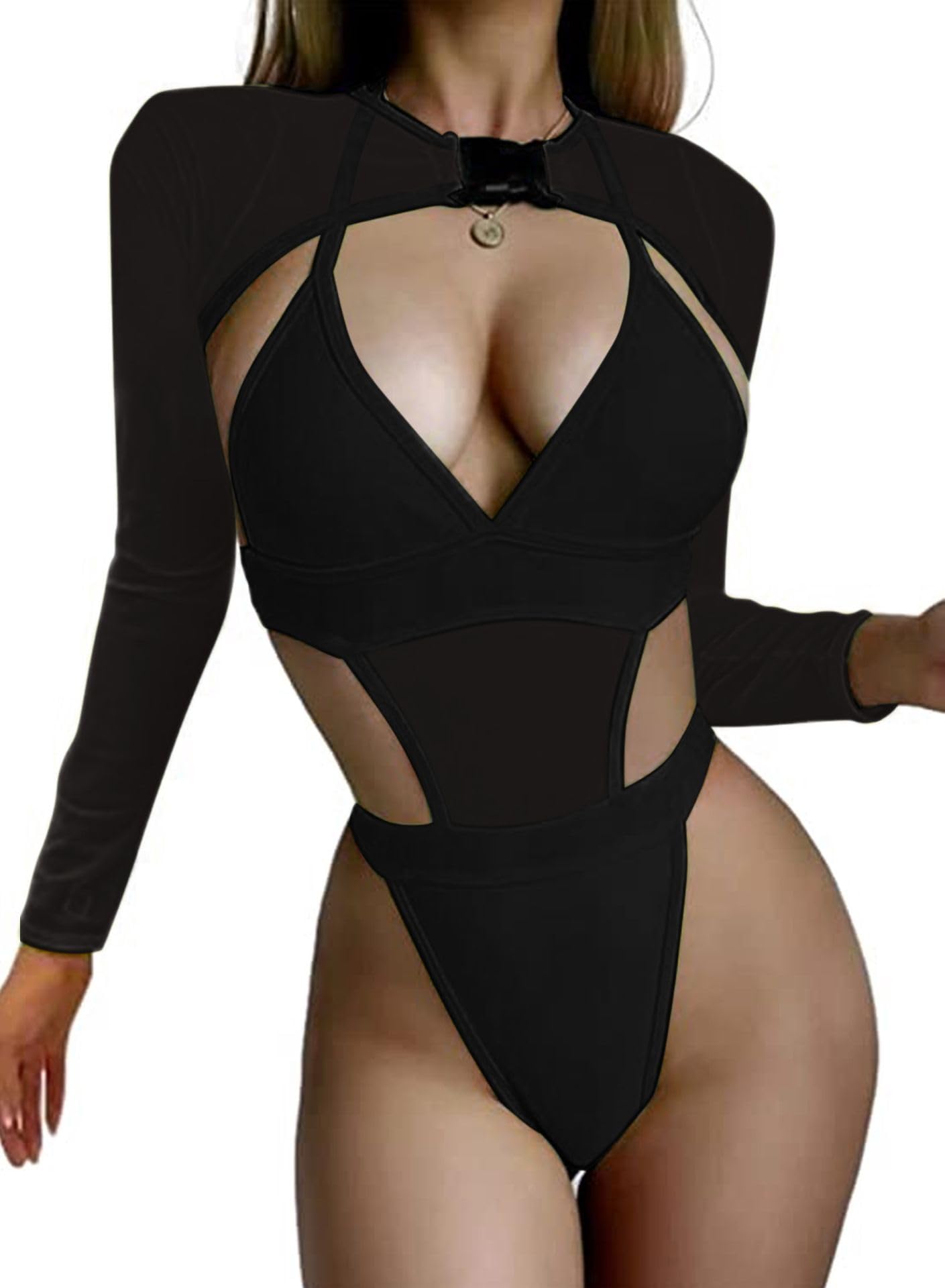Photo 1 of **MISSING MESH BUCKLE CROP TOP** Ella Lust Rave Outfits for Women - EDC Festival Bodysuit Concert Swimsuit Mesh Buckle Crop Top Club Party 2 Pcs Set (Black,L,1017a)
