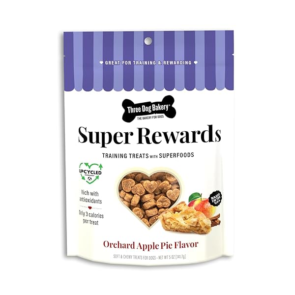 THREE DOG BAKERY SUPER REWARDS TRAINING TREATS FOR DOGS, LOW-CALORIE 4-CALORIE DOG TREATS WITH REAL SUPERFOODS ORCHARD APPLE PIE FLAVOR, 8 OZ RESEALABLE POUCH
