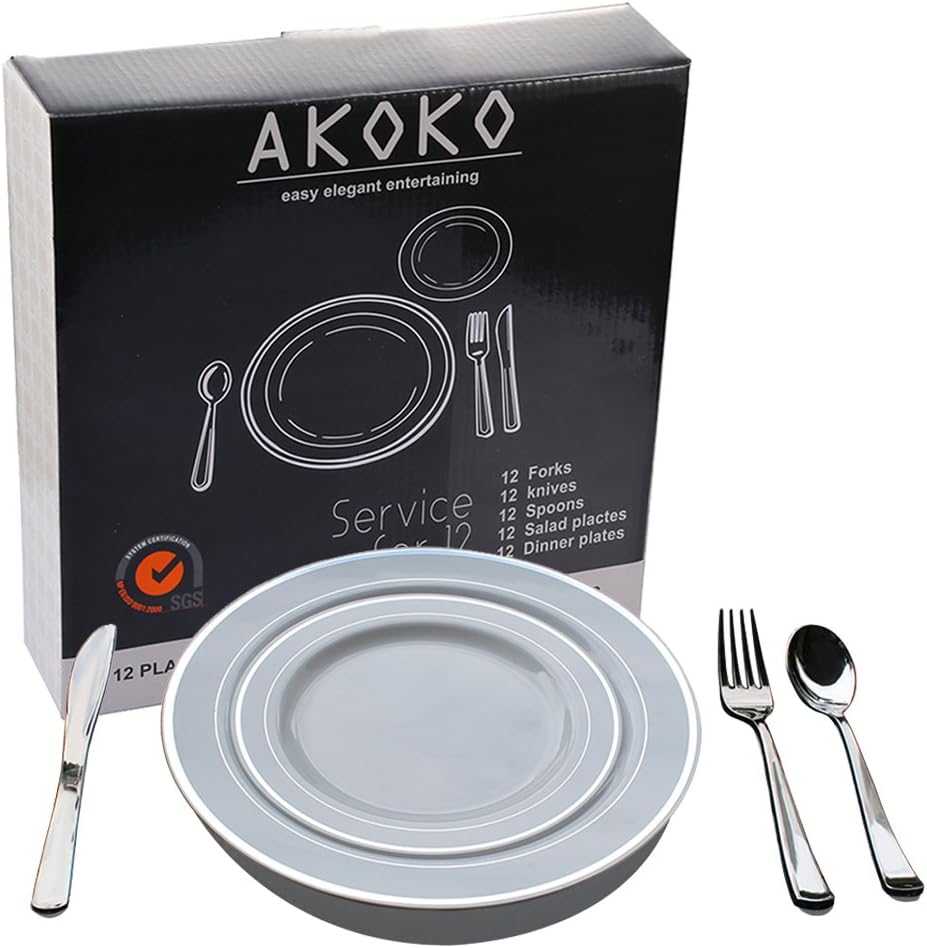 Disposable Plastic Plates for 24 Guests(120 Piece Set,24 Dinner Plates,24 Salad/Dessert Plates,24 Forks,24 Knives,24 Spoons)
