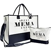 SUSZDOU Gift for Best Mema Ever, Large Canvas Beach Bag with Inner Pocket and Makeup Pouch, Reusable Travel Outing Shoulder Bag for Women, Birthday Gift or Mother’s Day Present for Mema and Grandma