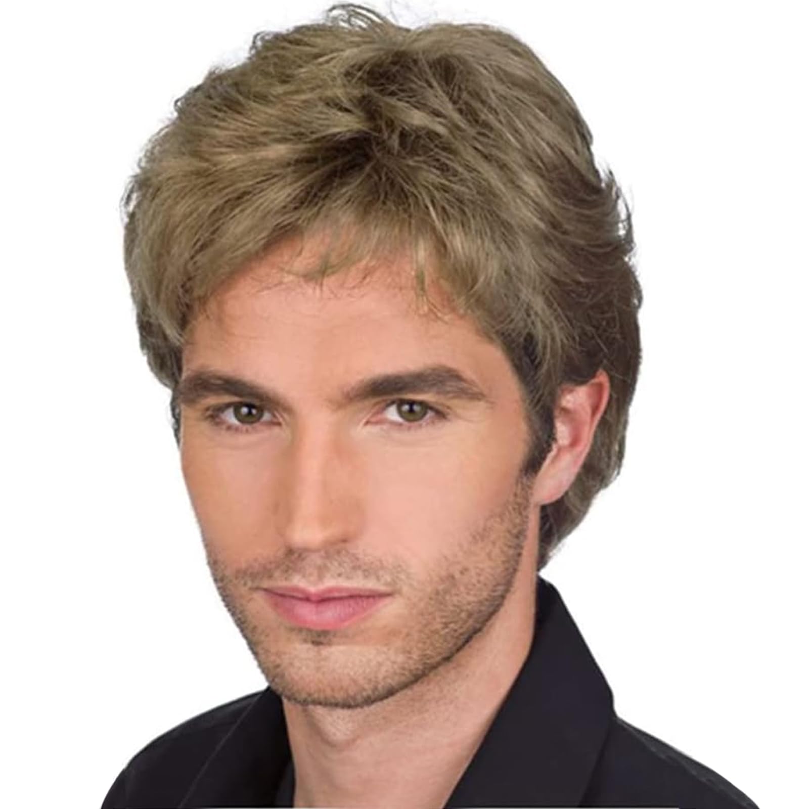 BECUS Mens Wigs with Side Part Bangs Short Blonde Wig Mix Brown Dark Root Layer Cut Short Curly Wigs for Men Daily Use(Golden Brown)