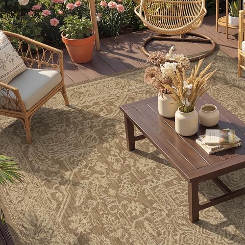 Outdoor Rug-Patio Rug Polypropylene Indoor Outdoor Carpet 7.9x10ft Porch Balcony Carpets Garden Deck Mat Easy Clean Non Slip Light Weight Vintage Outdoor Area Rug Retro Brown