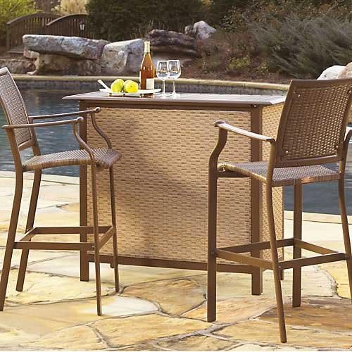 Panama Jack Outdoor Island Cove Woven 3-Piece Slatted Bar Set, Includes 2 Stationary 30-Inch Barstool and Bar Table