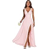 jdoiweidm Women’s V Neck Bridesmaid Dress Long Chiffon Pleated Ruffle Formal Evening Gown with Slit