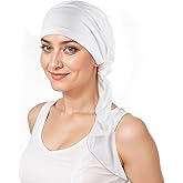 JJUNW 1Pcs Chemo Headwear for Women, Pre Tied Chemo Head Scarf for Women, Hair Loss - Cancer Slip On Headwear, Turbans for Women, Soft Cotton Elastic Head Scarf for Cancer Patients(White)