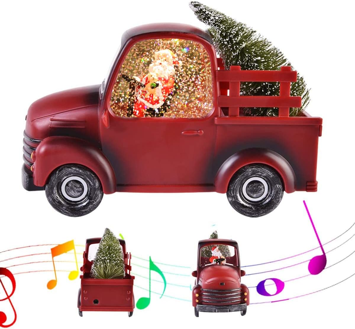 Snow Globes - Musical Glitter Snow Globe Lighted Vintage Red Truck Christmas Decor with Mini Christmas Tree - USB&Battery Operated Tabletop Decoration (9.5-inch)