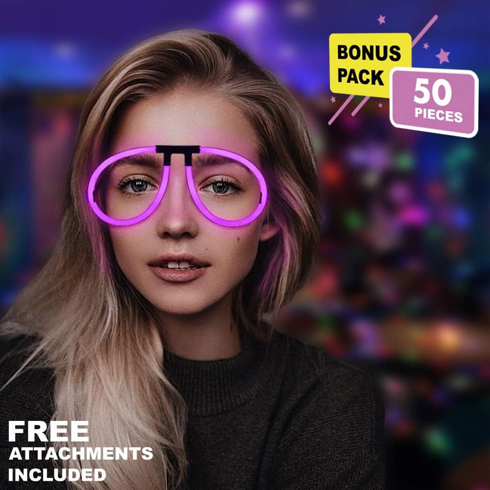 Lumistick Aviator Glow Eyeglasses | Light Up Neon Glow Eyewear | Illuminating Eye-catching Party Wear | Non-Toxic & Kids Safe Light Up Fluorescent Specs with Connectors (Pink, 50 Eyeglasses)