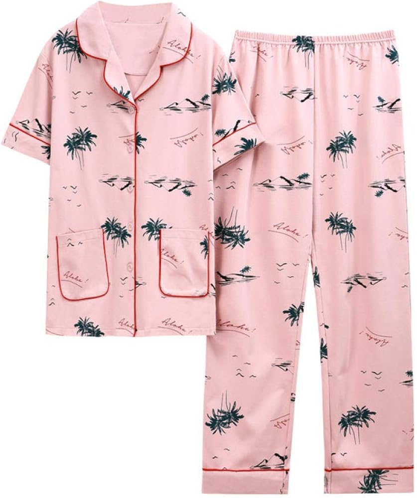 Summer Cotton Ladies Pajamas, Short-Sleeved Trousers, Lapel, Plus Size Summer Thin Cotton Home 