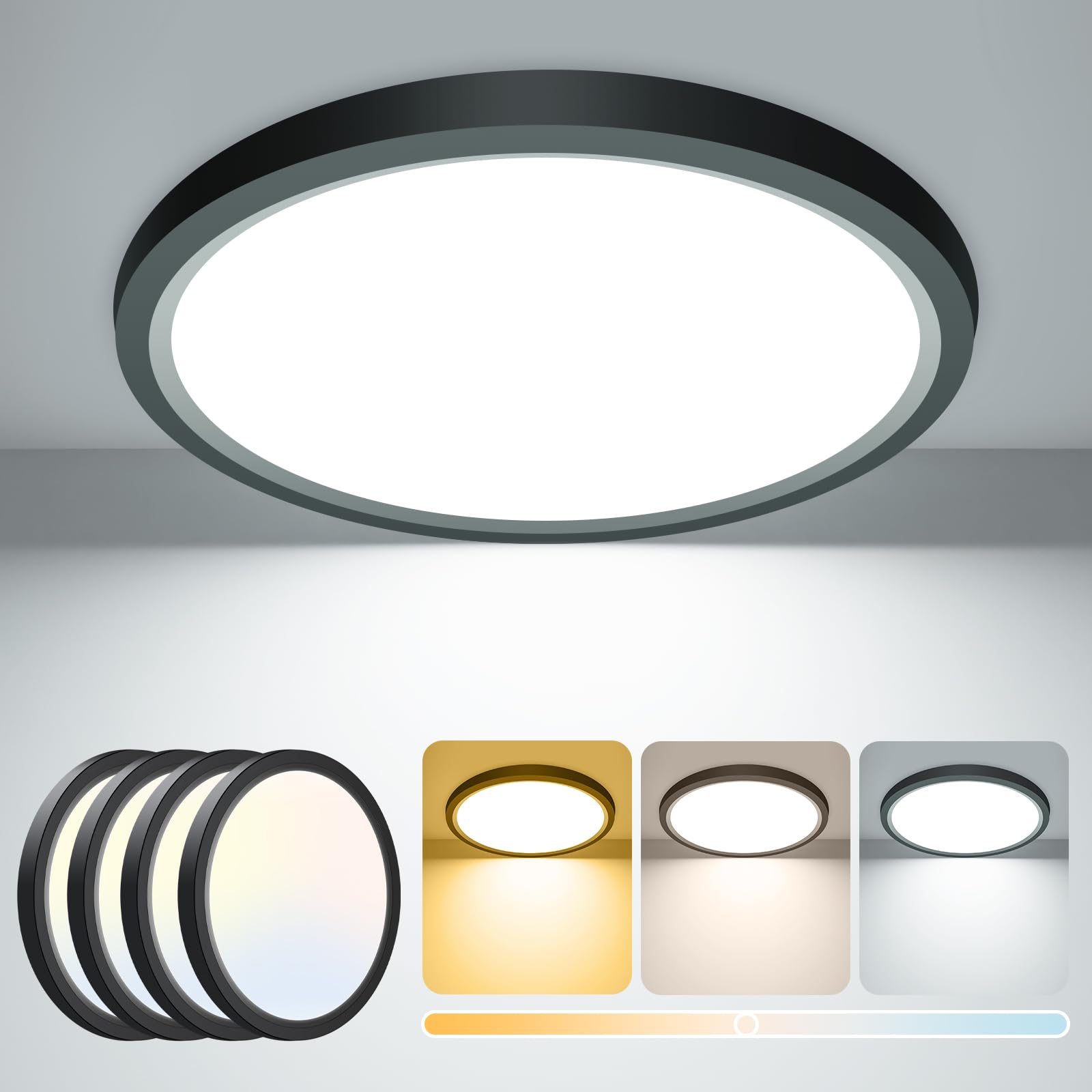 zemty [4 Pack 15W 1800LM LED Ceiling Light, Bathroom Lights Ceiling 3000K/4000K/6500K, 18cm IP44 Waterproof Ultra Thin Round Black Flush Ceiling Light for Living Room,Bedroom,Kitchen,Toilet