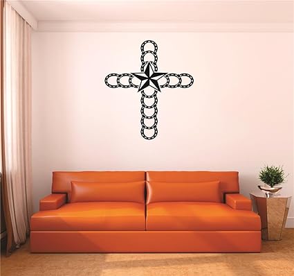 Vinyl Wall Decal Sticker Horseshoe Cross Western Star