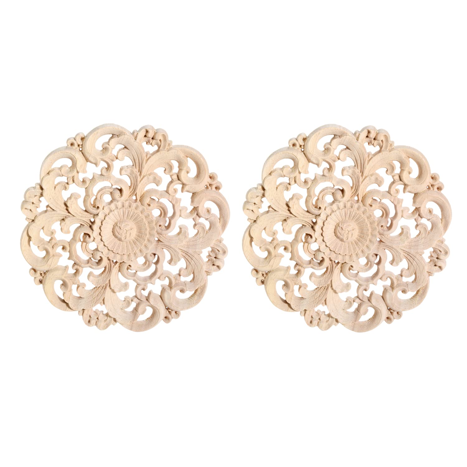 MUXSAM Round Wood Appliques Onlays, 2-Pack Unpainted Wooden Carved Flower Carvings Decals for Wall Cupboard Mirror Mantel Door Bed Cabinet Ceiling Dresser Furniture Refurbish Project, 15cm/5.91"