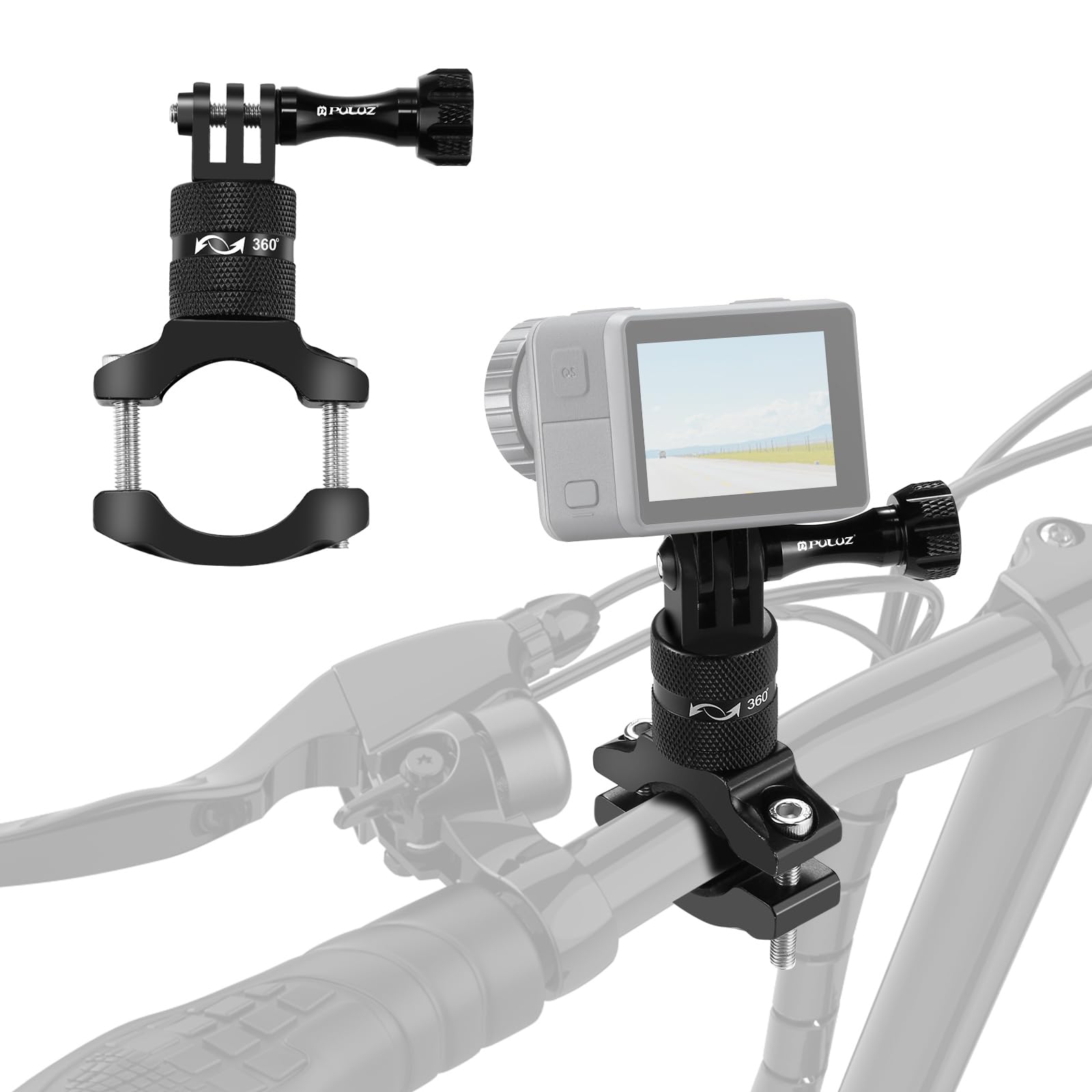 PULUZ Camera Handlebar Mount, Insta 360 Handlebar Mount, 360° Rotation Bike Handlebar Adapter Mount with Screw for GoPro, Insta 360, DJI and Other Action Cameras