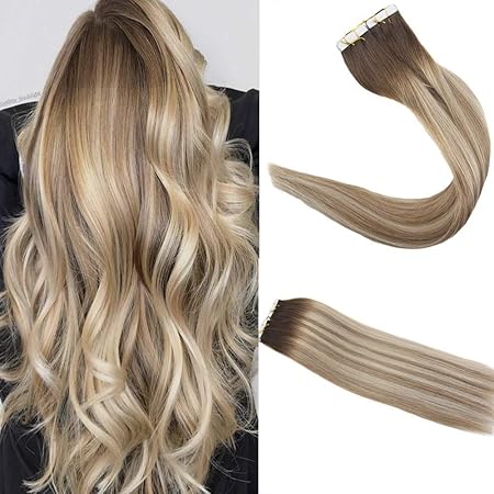 Easyouth Extension Tape Locken 20 zoll 100g 40Pcs Pro Paket Balayage Farbe 3 Dunkelbraun Fading zu 8 Ash Brown Highlight mit 22 Extension Tape Original
