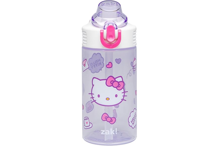 Zak Designs Sanrio Sage Kids Water Bottle For School or Travel, 16oz Durable Plastic Water Bottle With Straw, Handle, and Leak-Proof, Pop-Up Spout Cover (Hello Kitty)