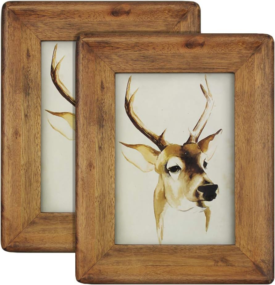 icheesday 5x7 Picture Frames(Set of 2)- Rustic Handmade Solid Wood Home Decor Photo Frame with Real Glass - Wall Hanging and Table Standing