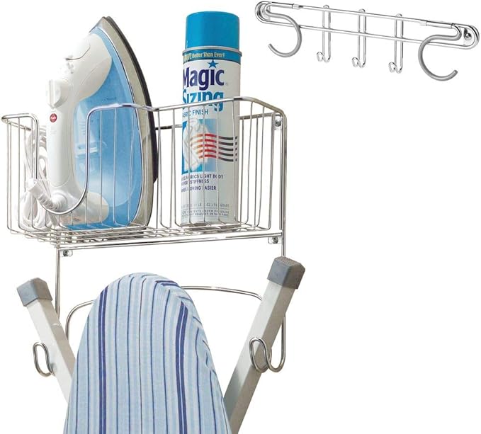 mDesign Ironing Board Holder with Storage Basket and Broom & Mop Holder for Laundry/Wardrobe