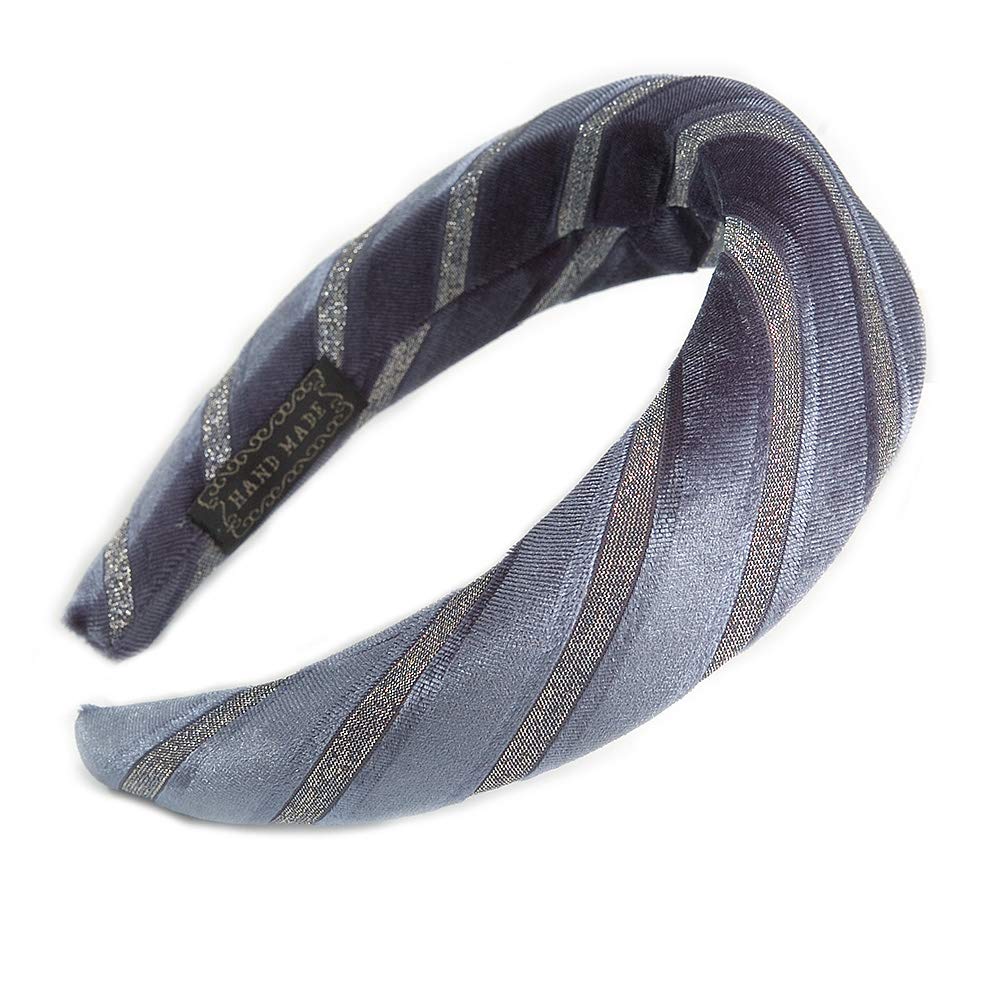 Retro Thicken Padded Velvet Glitter Stripes Wide Chunky Hair Band/HeadBand/Alice Band in Blue Grey