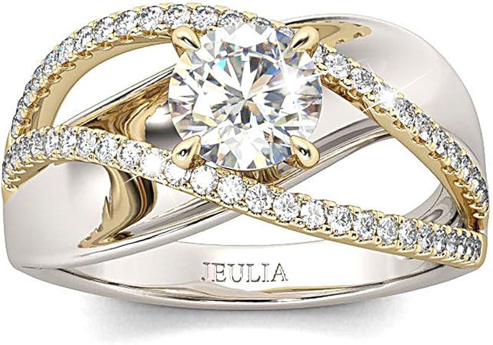 Jeulia Engagement Rings for Women Sterling Silver Two Tone Gold Bridal Sets Crossover Round