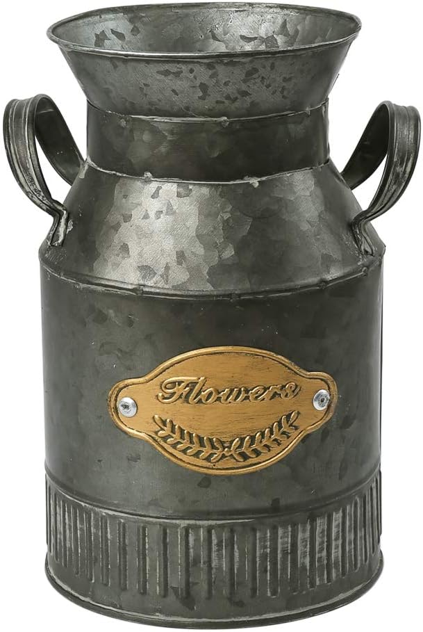 WHHOME Shabby Chic Classy Designed Milk Can Galvanized Finish Metal Vase Country Rustic Primitive Decorative Flower Holder, 8.0" H