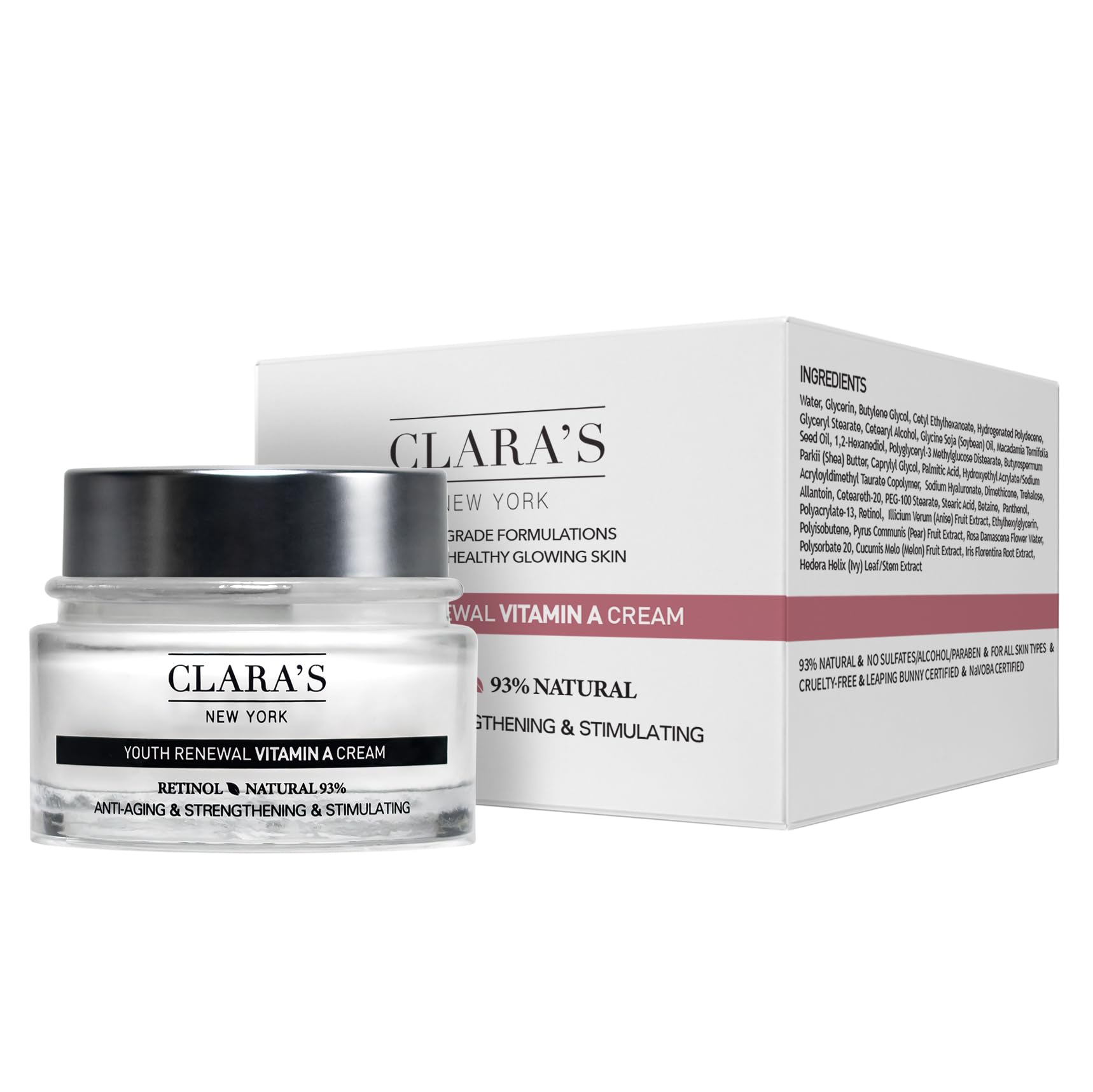 Clara's New York Youth Renewal Vitamin A Cream with Retinol, Anti-Aging Face Cream, Moisturises and Minimises Fine Lines and Wrinkles, Youthful and Glowing Complexion 50ml