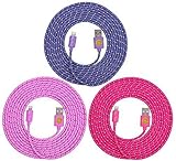 High Quality, 10ft(3m) Braided Nylon Lightning Charging Cables for Apple iPhone 5 5C 5S,iPhone 6, 6 Plus, iPad 4 Mini, iPod Touch 5/Nano 7, 8 pin to USB - 3pack (pink/hot pink/purple)