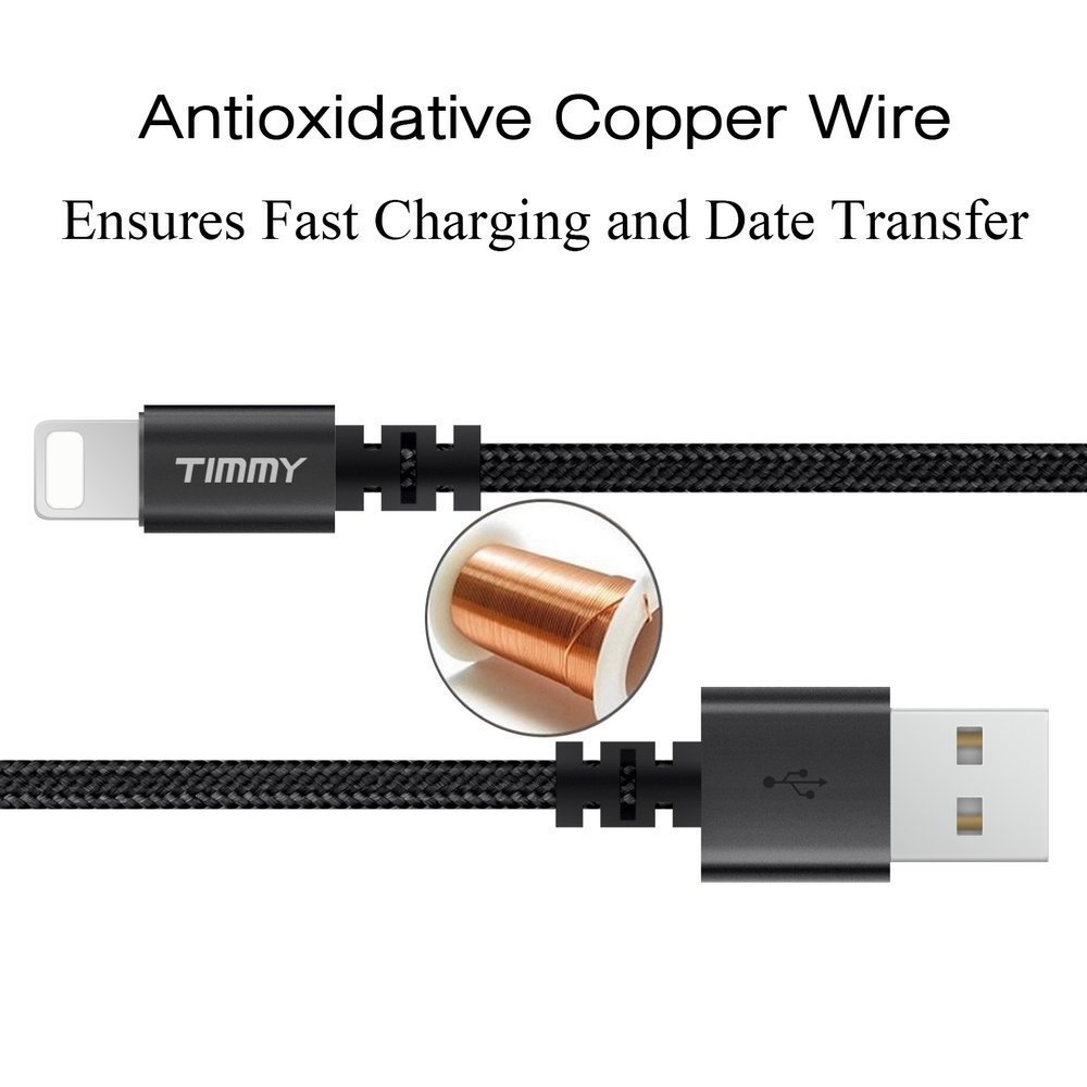 Lightning cable TIMMY 3Pack 6FT Nylon Braided  IPhone Charger certified to charging Cable with charging indictor powerline for iPhone 5/5C/5S/6S/6S PLUS/7/7 plus, iPad Air, and more (Black)