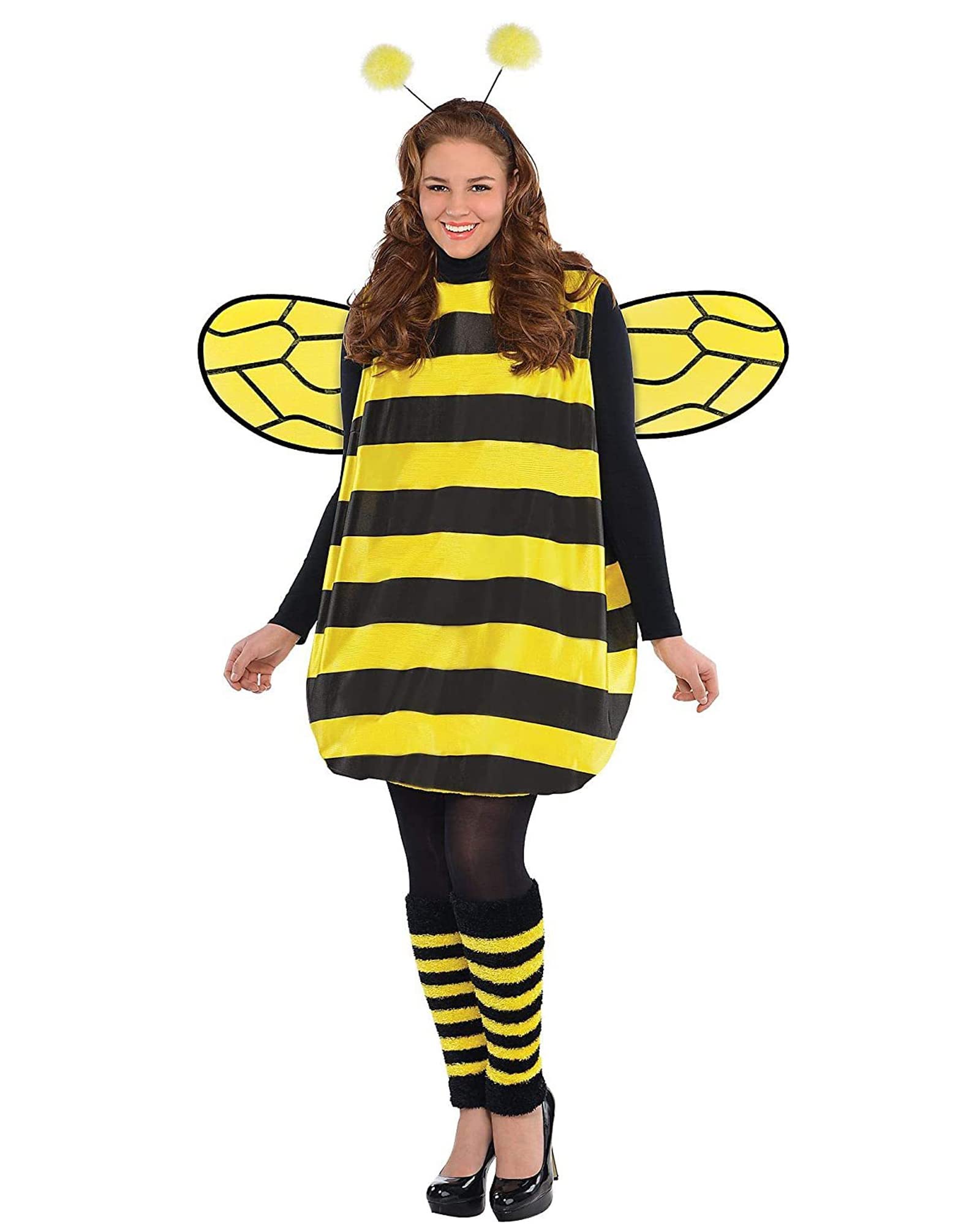 Womens Cosplay Costume Set Halloween Yellow Honey Bee Dress with Wings Headband Leg Sleeves for Party Cosplay Fancy Dress (Yellow Adult, L)