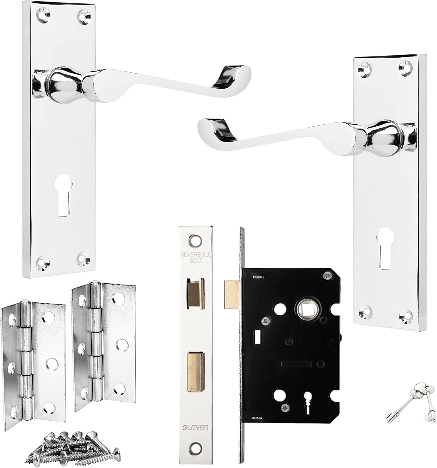 IRONZONE® Victorian Scroll Polished Chrome Door Handle Lock Pack, 3 Lever Lock, 1 Pair of Hinges, for Extra Privacy in Bedroom and Living Room, Traditional Design