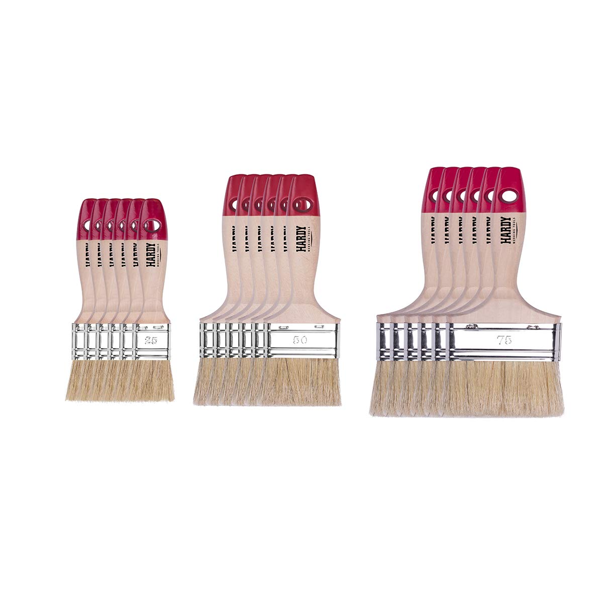 HARDY WORKING TOOLS Flat Brush Set 18 Pieces - 25, 50, 75 mm Width, Paint Brush Set with Wooden Handle, Series 36, 18PCS, Animal Hair Bristles, Red
