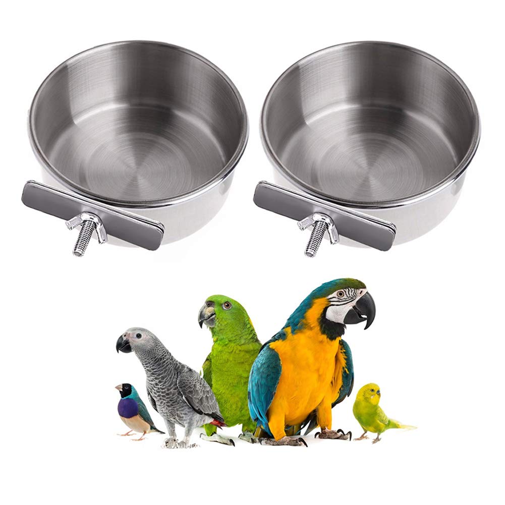 2 Pack Bird Feeding Dish Cups with Clamp Stainless Steel Parrot Food Water Bowl for Macaw African Greys Budgies Parakeet Cockatiels Conure Lovebird Finch Small Animal Cage Bowl 10 Ounce