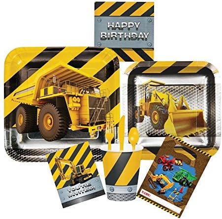 Construction Zone 80pc Children's Birthday Party Supply Pack! Includes - Paper Dinner Plates, Luncheon Plates, Napkins, Cups, Silverware, Invitations and Goody Loot Bags for 8 Guests.