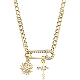 TANTIUE Paperclip Pendant Necklace for Women 14K Gold Plated Paperclip Necklaces Cubic Zirconia Sun/Cross/Shell/Turtle/Heart/Star Pendant with Cuban Chain Jewelry Gifts for Her