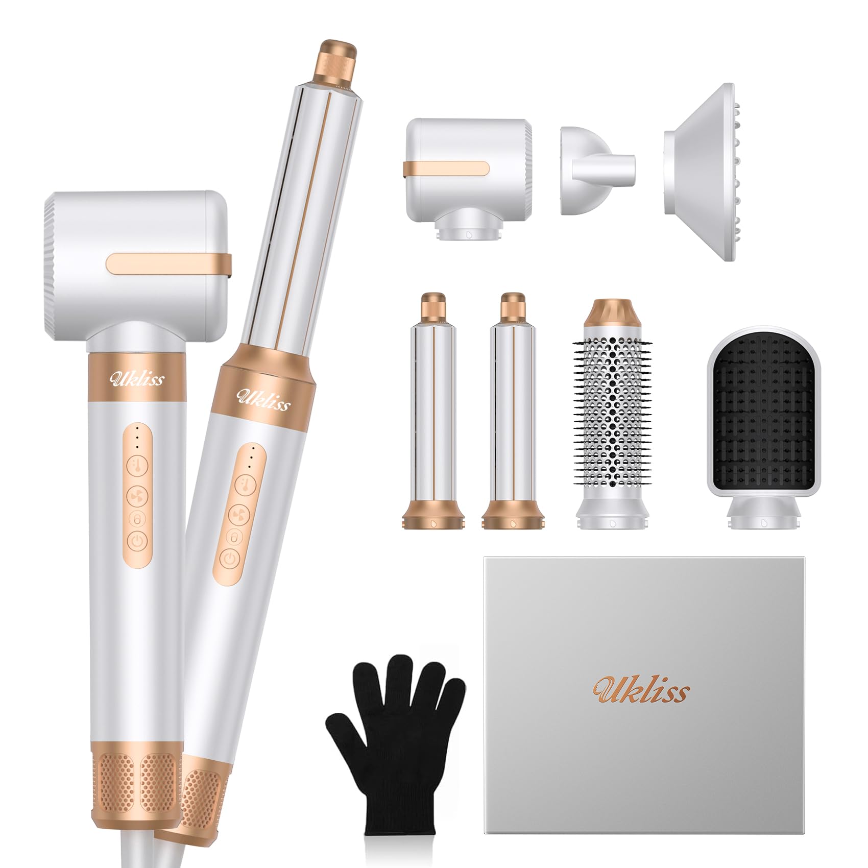 Photo 1 of UKLISS Hair Dryer Brush 7 in 1?110000 RPM Hair Dryer with Diffuser for Curly & Twisted Hair Professional Ionic Brush Blow Dryer for Salon-Quality Styling, White Gold