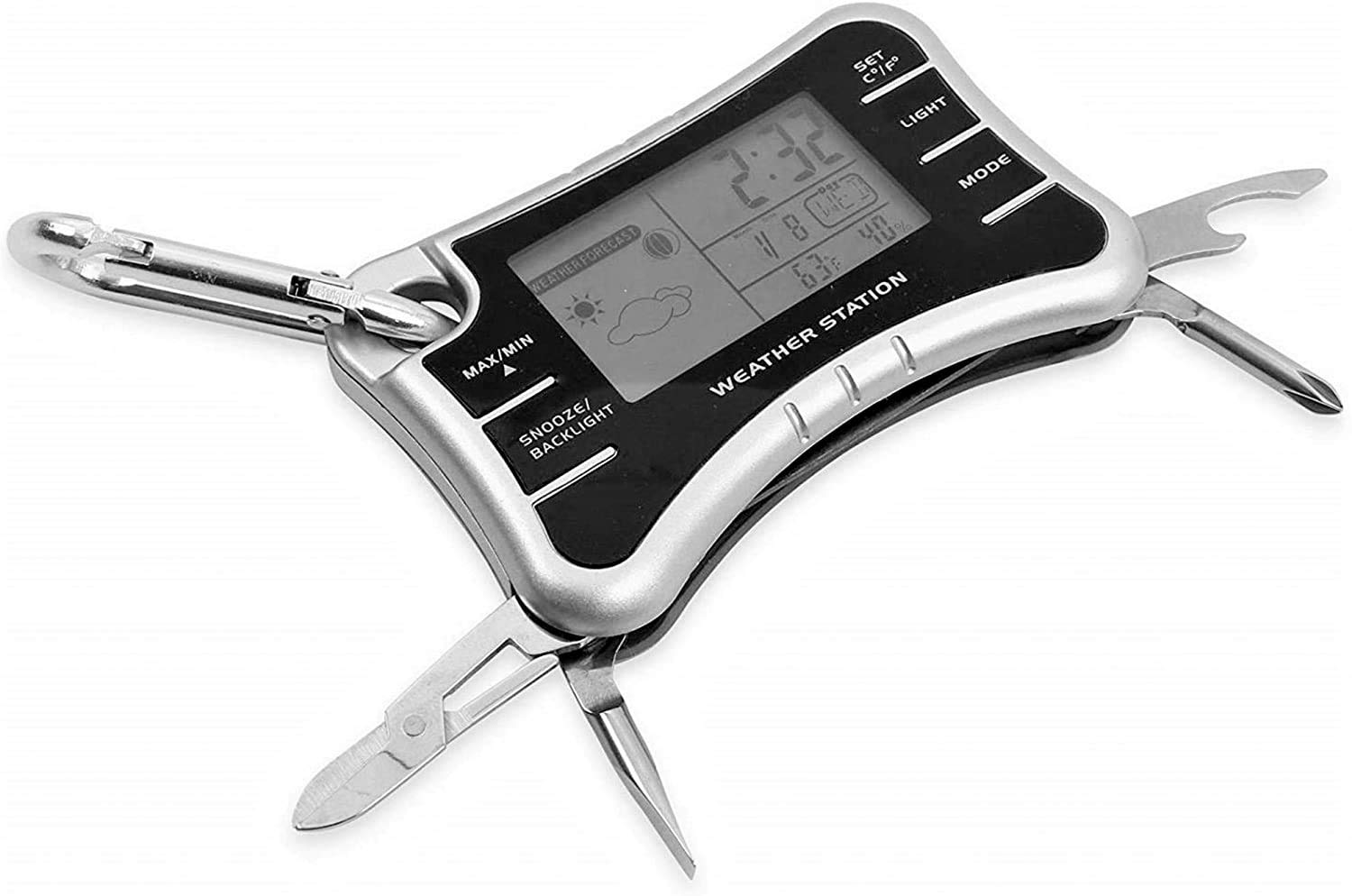 TechAffect Multi Tool Keyring Carabiner Watch Travelling Alarm Clock -Digital Thermometer Camping Accessories UK - for Walkers, Hikers or Bug Out Bag Survival Kit - Small Silver