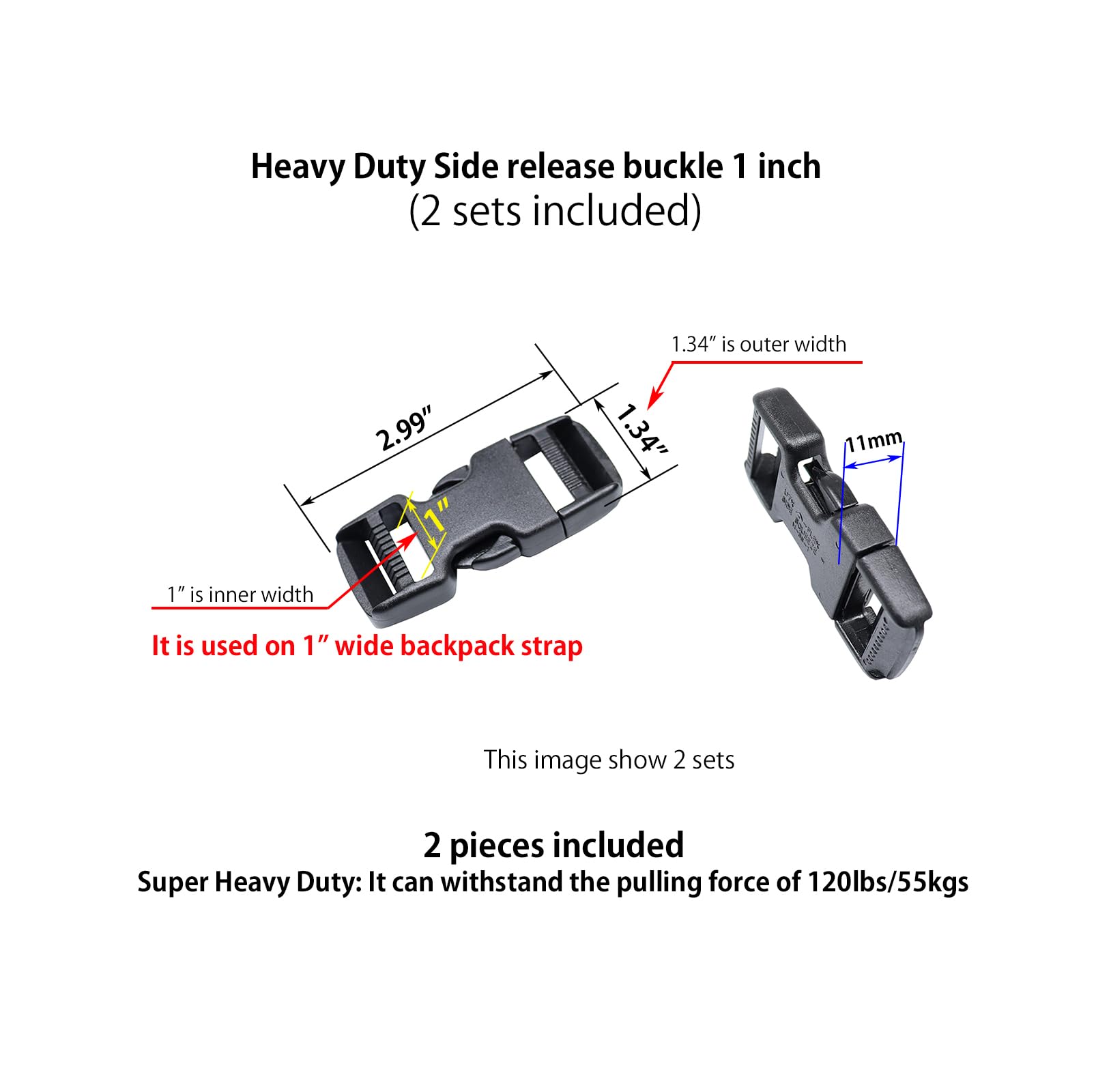 Quick Side Release Buckles 1 Inch Super Heavy Duty Plastic Snap Clips Clasps 25mm Backpack Strap Replacement Buckle 2 Sets Dual Adjustable Duraflex Buckle