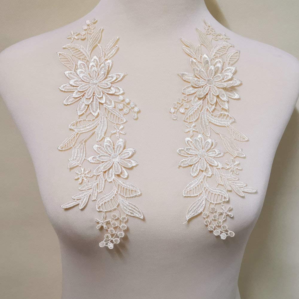 Photo 1 of 1 Pairs of Three-Dimensional Flowers Embroidered Water-Soluble Lace on Flower DIY Wedding Dress Headwear Accessories (Champagne Color)