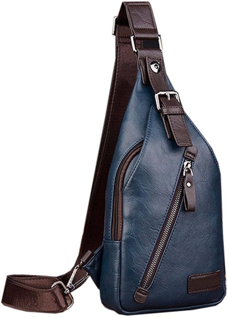 Hebetag Leather Sling Bag Crossbody Backpack Daypack for Men Women Outdoor Travel Camping Fishing Hunting Hiking Crossbody Shoulder Chest Pack Daypack Blue