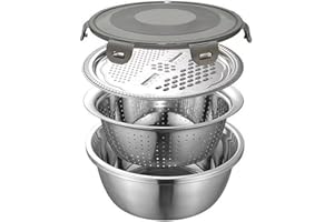 Stainless Steel Mixing Bowl Set with Integrated Grater Lid and Drain Function, 4-Piece Kitchen Strainer & Sifter Set for Rice