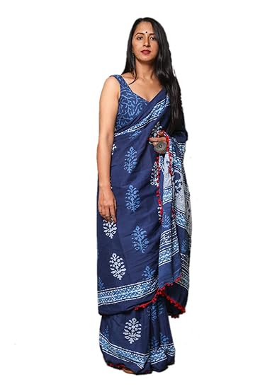 Cotton Mulmul Hand Block Jaipuri Printed Saree with Blouse