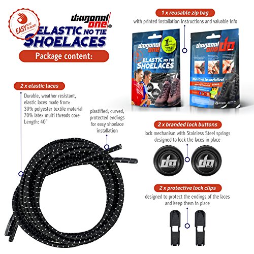 DIAGONAL ONE Elastic Shoe Laces for Men and Women, Compatible with Sneakers, Converse, Trainers, and Casual Footwear - No Tie Shoelaces Suitable for Kids, Adults, Teenagers and Seniors (Black)