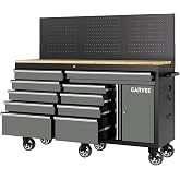 Garvee 60 in Rolling Tool Chest, 10 Drawers Mobile Garage Tool Cabinet | Heavy Duty 1750 LBS Load Workbench with Pegboard &amp; Charging Station for Workshop, Gray