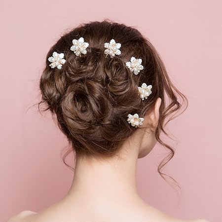 Amazon Kricesbeauty 6 個 セット キラキラ 可愛い 白い花 パール ラインストーン ゴルドー ヘアピン 花嫁 髪飾り 結婚式 レディース 髪の櫛 披露宴 学園祭 Kricesbeauty ボディ用メイクアップ 通販
