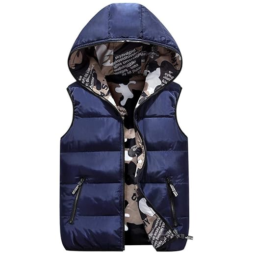 Kinder Daunenweste Winter Kapuzenweste Jungen Maedchen Reversibel Weste Ärmellos Tarnung Winterjacke