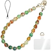Healing Stone Phone Charm for Women, Beaded Phone Camera Wrist Strap, Handmade Cell phone Chain Lanyard with Tether Tab Keychain Decor for Wallet (Green Peacock Agate)