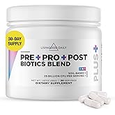 Livingood Daily Pre Pro Post Biotics Blend Powder, Digestive Health Supplement with Prebiotics from Organic Blue Agave Inulin, SBO Probiotics, Probiotics for Women & Men, Non GMO, Vegan, 30 Servings