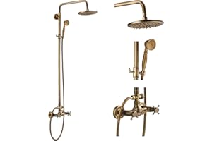gotonovo Exposed Bathroom Shower Faucet Set Shower Fixture 8 Inch Rainfall Shower Head Handheld Shower Cross Handle Wall Mount 2 Functions Antique Brass