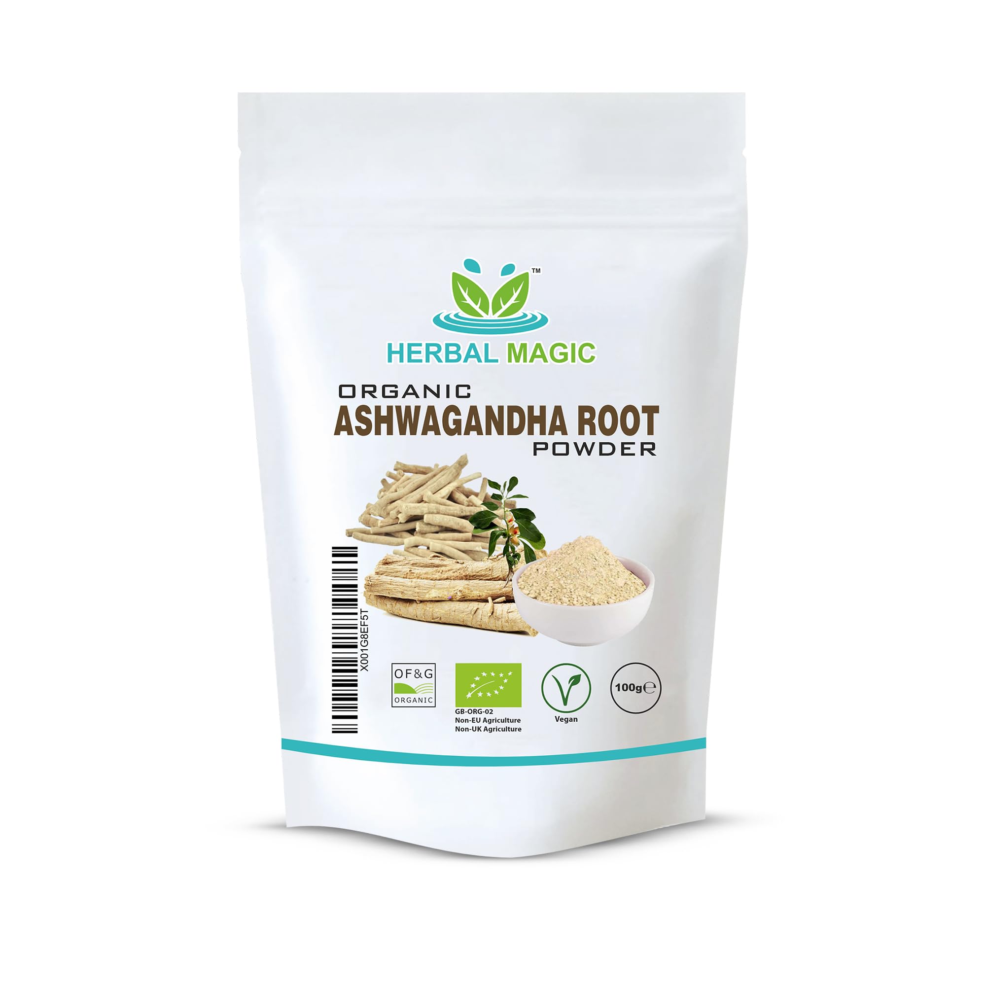 Herbal Magic's Organic Ashwagandha Root Powder - Rich Flavoured Smoothies, Shakes, Juices, Baking, Soups - Free from Fillers & Preservatives - of&G UK Organic Certified - 100g