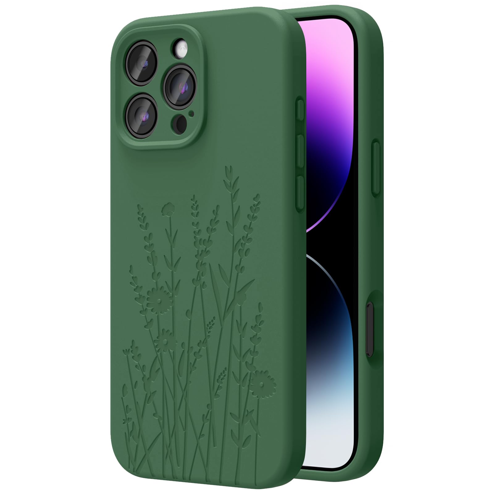 OAOA Magnetic Engraved Case Compatible with iPhone 16 Pro Max Case, Compatible with Magsafe, Camera All-Round Protection, Slim Liquid Silicone Phone Case for Women Girls, Alpine Green Flower